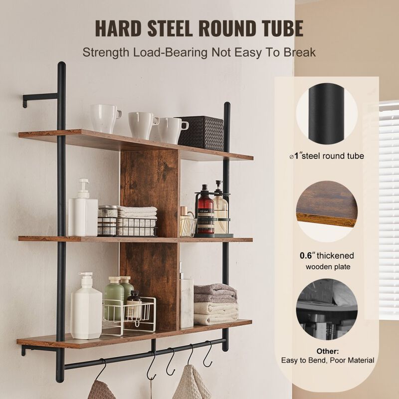 Industrial Pipe Wall Shelf with 3 Tiers for Kitchen Storage or Bedroom Decor