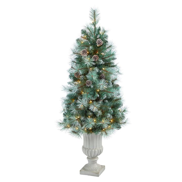 Nearly Natural 4.5-in Brit Columbia Pine Xmas Tree w/100 Lights,Cones in Urn