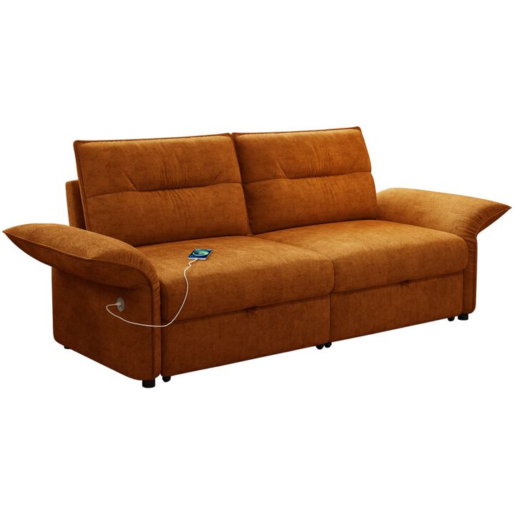 Convertible sleeper sofa bed, Plush fabric pull out futon with USB charging ports, 85 inch sofa bed for small spaces
