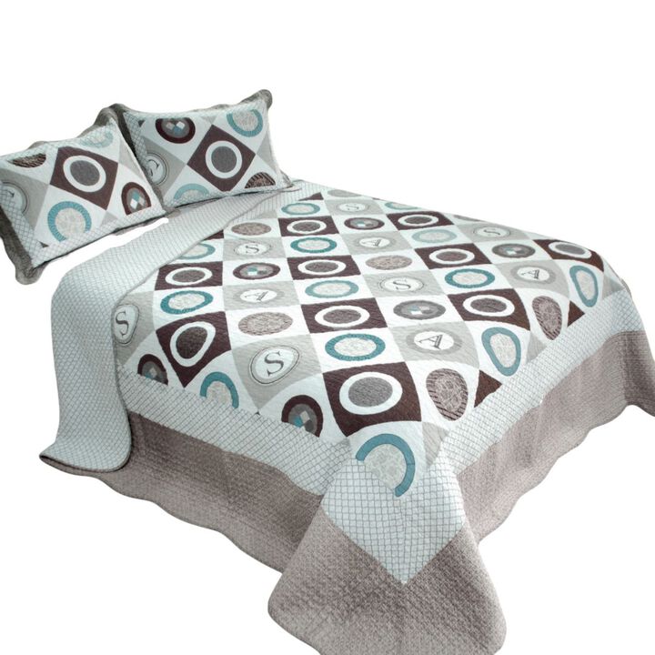 Queen Size 3-Piece Cotton Vermicelli Quilted Printed Quilt Set with Matching Pillow Shams