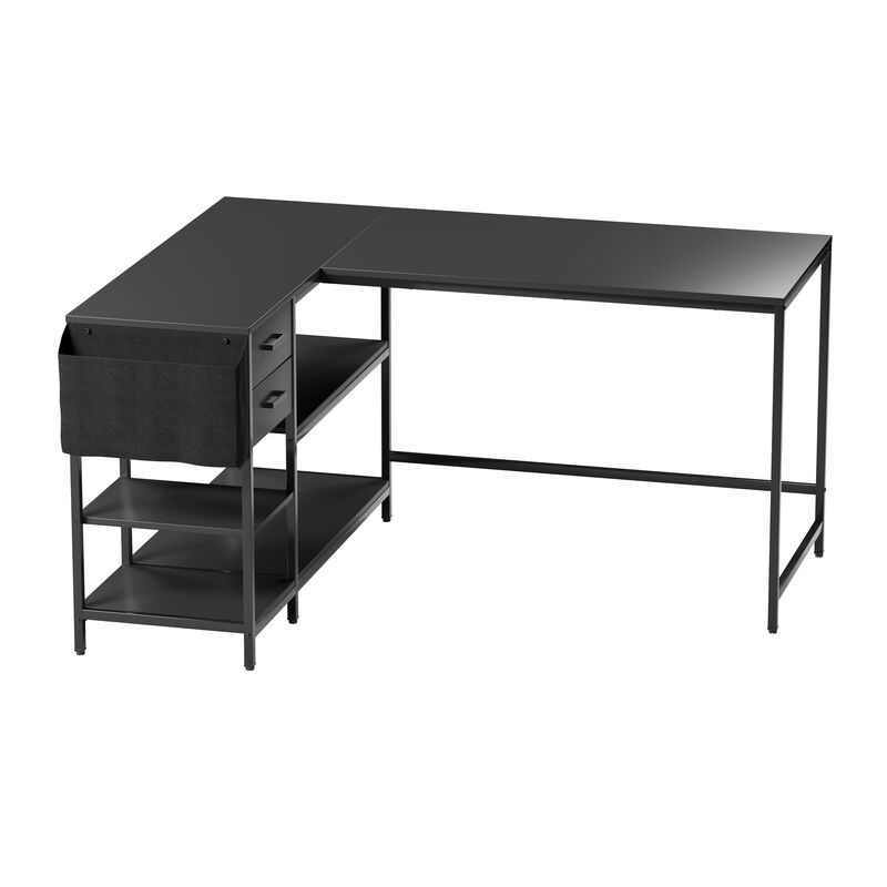 HomeRoots 55" Black Wood and Stainless Steel L Shape Computer Desk With Two Drawers image number 4