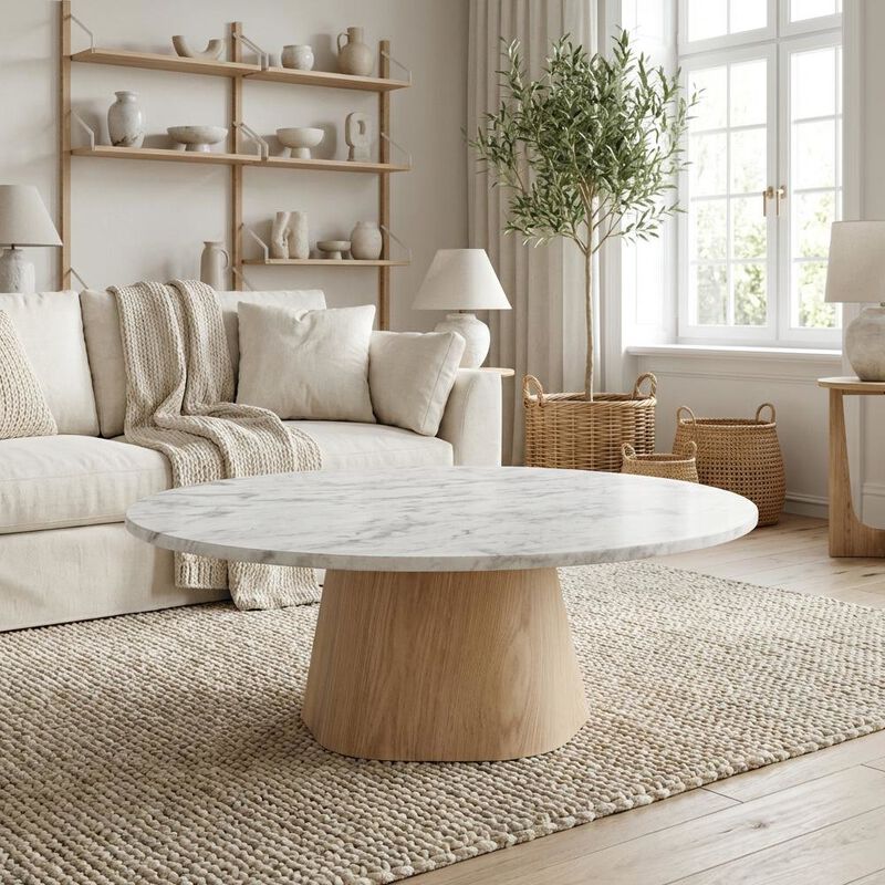 Starlight Canyon Home White Marble Coffee Table, Ashen Grey Raj Marble Top, Oak Veneer Plywood Surface image number 3