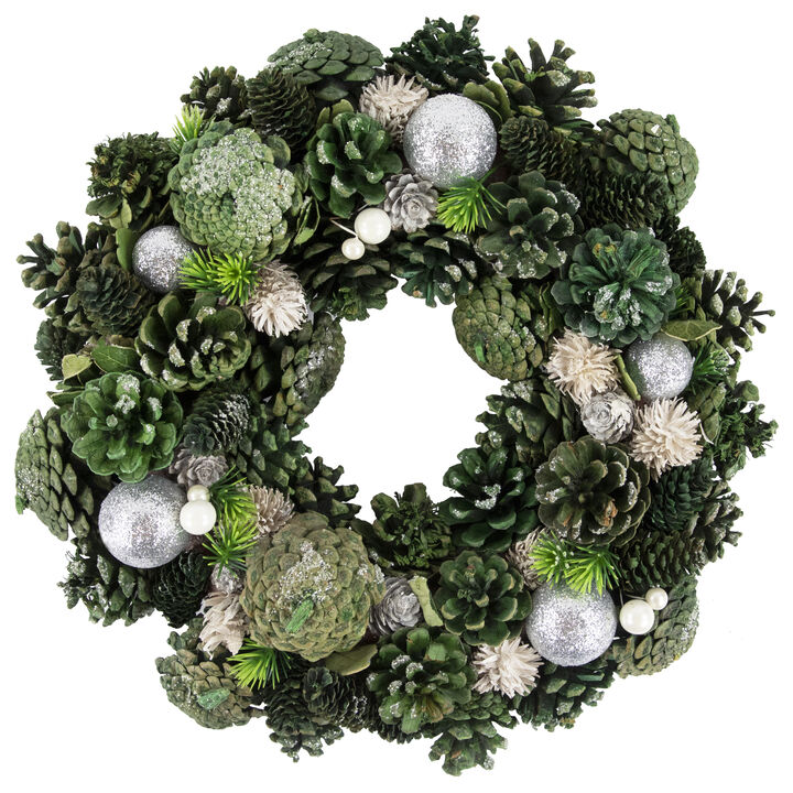 Green Pinecone and Foliage Artificial Christmas Wreath  14-Inch  Unlit