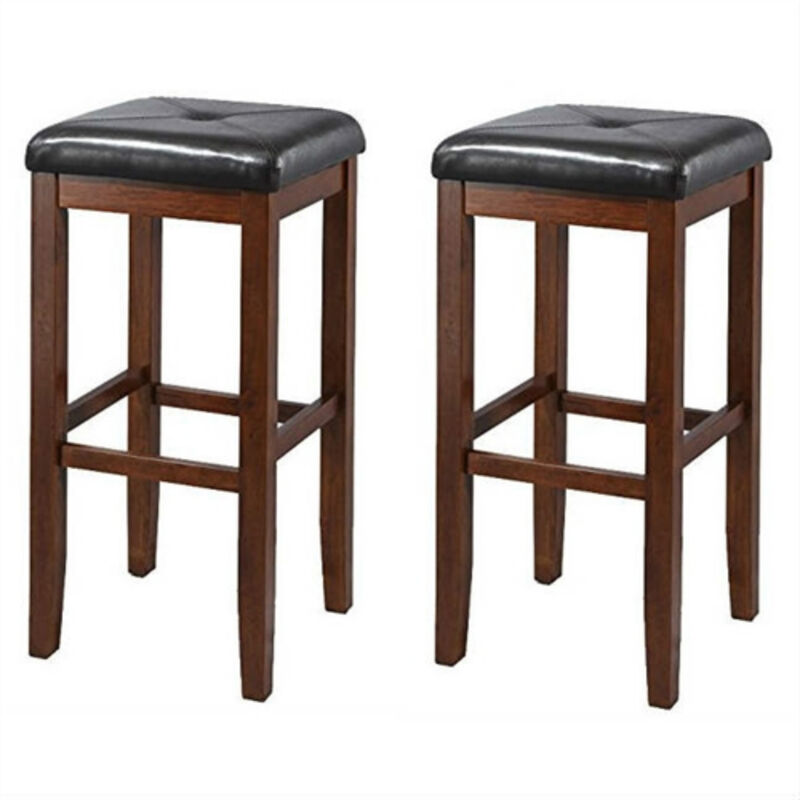 Set of 2 Mahogany Stools with Upholstered Seat &ndash; Vintage Style for Kitchen or Home Bar Seating
