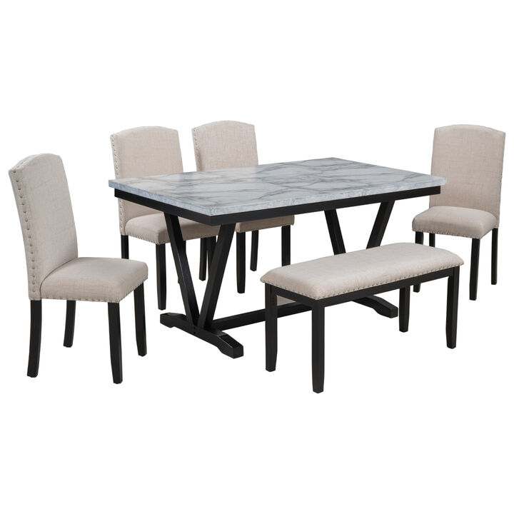 Modern Style 6-piece Dining Table with 4 Chairs & 1 Bench, Table with Marbled Veneers Table Top and V-shaped Table Legs (White)