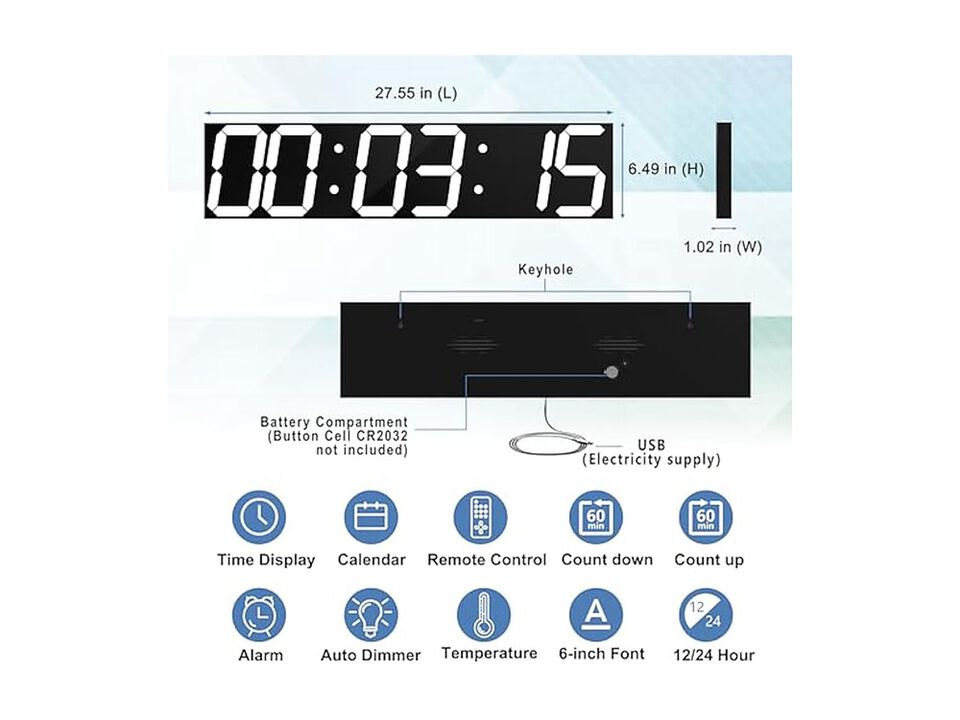 Digital Oversize LED Auto Dimmer Wall Clock 27 Inch White Home Decor
