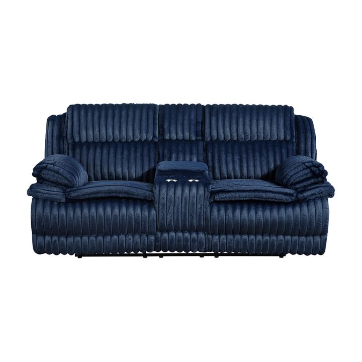 Rexy Manual Dual Recliner Loveseat with Console, Blue Corduroy 85 Inch - Benzara