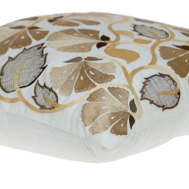 HomeRoots 22" Gold and White Floral Cotton Throw Pillow With Embroidery image number 4