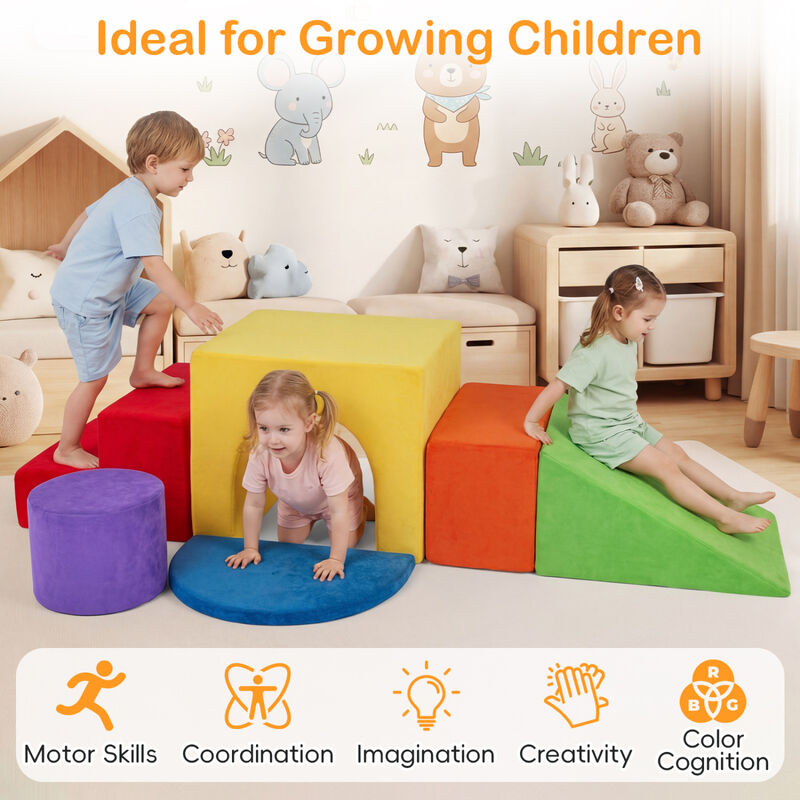 6 Piece Toddler Foam Climbing Set with Slide, Tunnel and Play Blocks image number 5