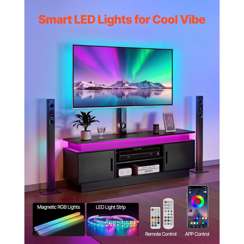 TV Console with Mount for Up to 75 Inch TVs, LED Lights, Power Outlet, 3-Tier Storage Shelves-Black image number 7