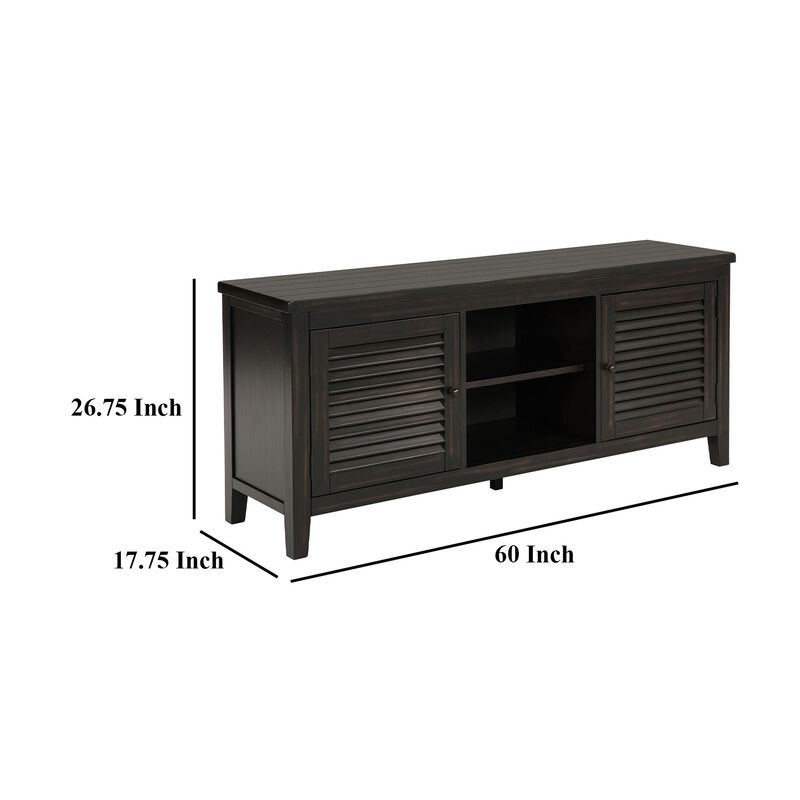 Coni TV Stand Media Cabinet, 2 Door and Shelves, Black Wood 60 Inch - Benzara