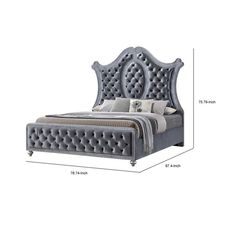 Rall King Size Bed, Curved Wood Headboard, Tufted Gray Fabric Upholstery - Benzara