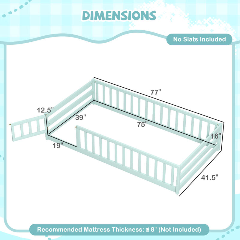 Twin Size Wood Montessori Floor Bed for Kids with Safety Fence and Door image number 2