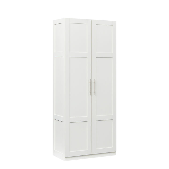 High wardrobe and kitchen cabinet with 2 doors and 3 partitions to separate 4 storage spaces, white