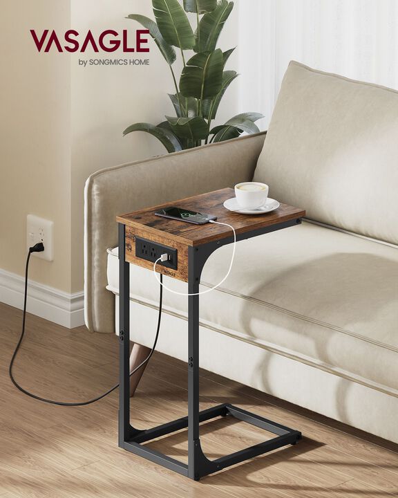 C-Shaped Side Table with Charging Station &ndash; Slim Sofa Table with USB Ports and Outlets for Living Room or Bedroom
