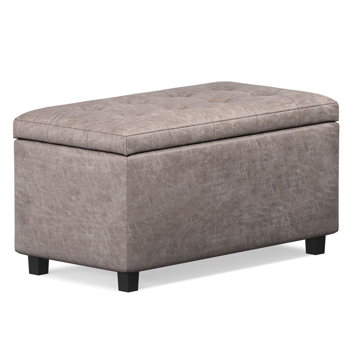 Cosmopolitan 34 inch Wide Transitional Rectangle Storage Ottoman in Distressed Grey Taupe Vegan Faux Leather, Assembled