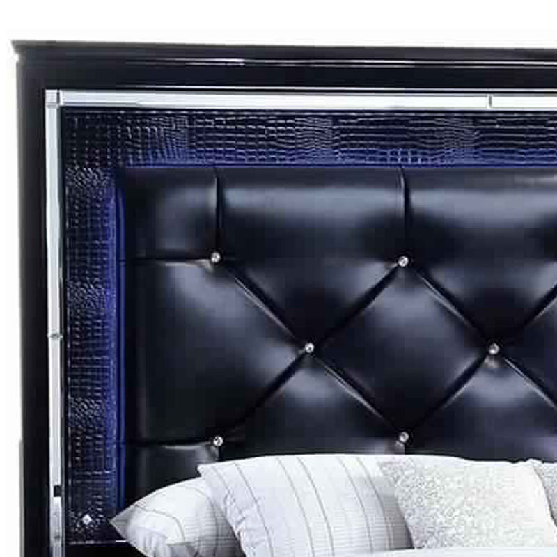 Textured California King Size Bed with Silver Trim Accents, Black - Benzara image number 3