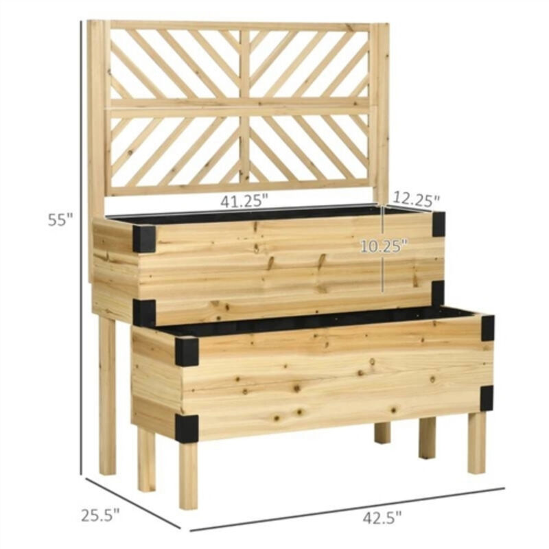 Multi-Level Wooden Raised Garden Bed &ndash; 2-Tier Self-Draining Planter with Trellis Support