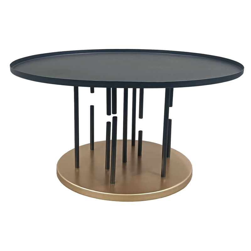 Neci 31 Inch Coffee Table, Round Matte Black Tray Top, Modern Rod Supports with Brass Base