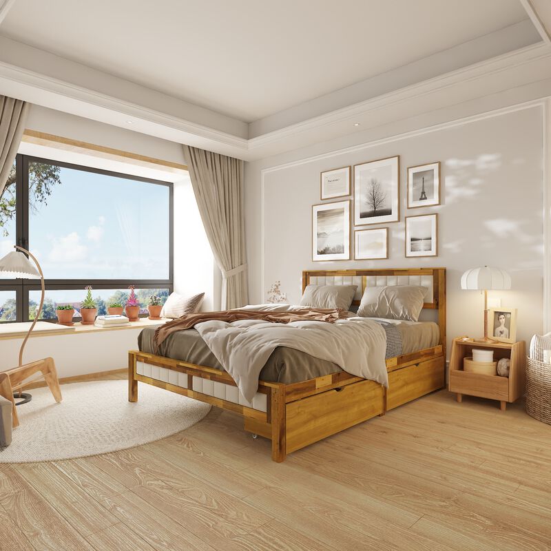 FUFU&GAGA Solid Wood Upholstered Bed with Storage Drawers, Acacia Wood Frame & Gray Linen Headboard, One-Side Drawer Design, (84 in. W x 63.5 in. D x 41.7 in. H), Wood Tone & Natural Finish