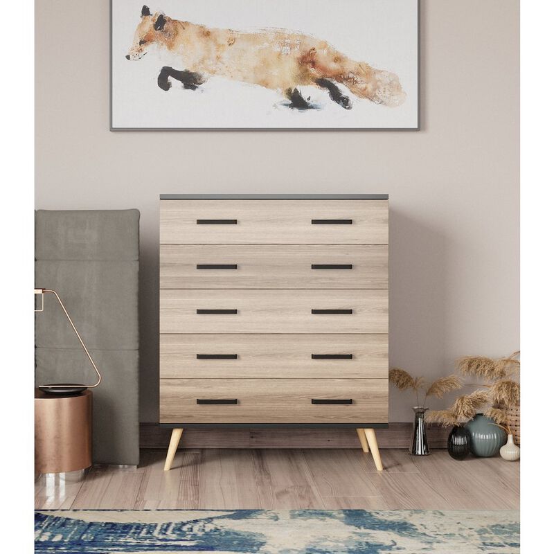 Eli Mid-Century Modern 5 Drawer Chest in Black &Sonoma Oak Color