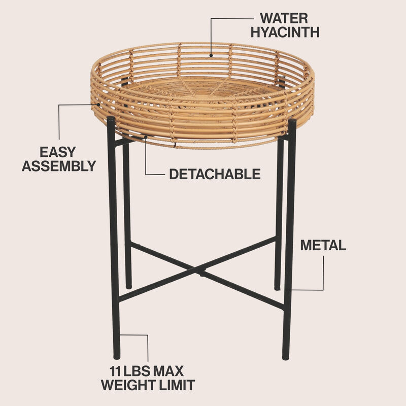 Malia Coastal Bohemian Faux Rattan Round Tray End Table with Metal Base image number 2
