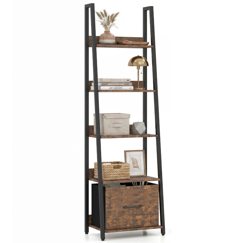 Modern 5-Tier Ladder Bookshelf with Fabric Storage Drawer image number 3
