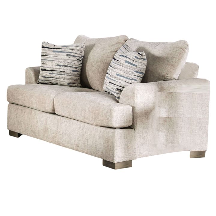 Lewis Loveseat with 2 Accent PIllows, 67 Inch, Cream Fabric - Benzara