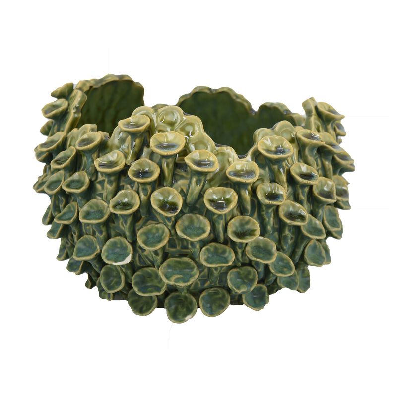 Nina Decorative Bowl, Textured Green Ceramic, Abstract Coral, 11 Inch - Benzara