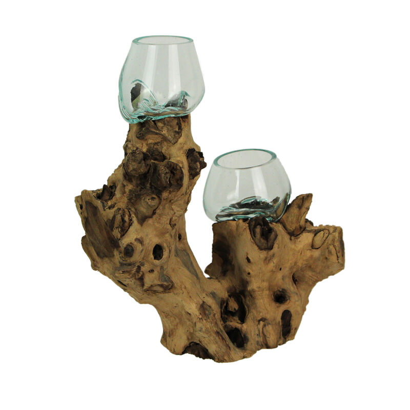 Molten Glass On Root Wood Double Decorative Bowl Vase image number 1