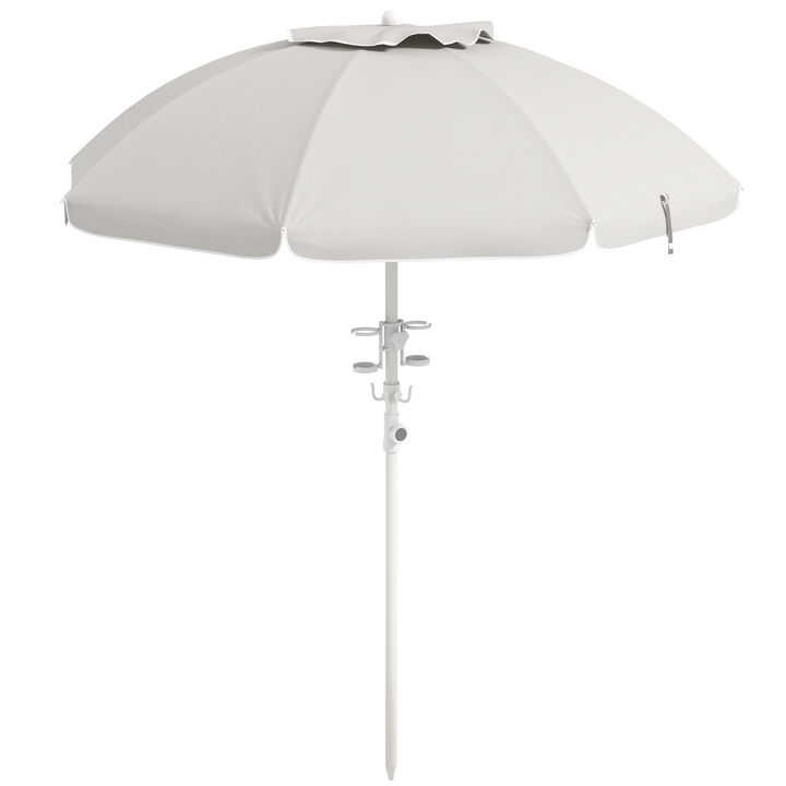 Outsunny 5.7' Portable Beach Umbrella with Tilt, Adjustable Height, 2 Cup Holders, Hook, Ruffled Outdoor Umbrella with Vented Canopy, Cream White