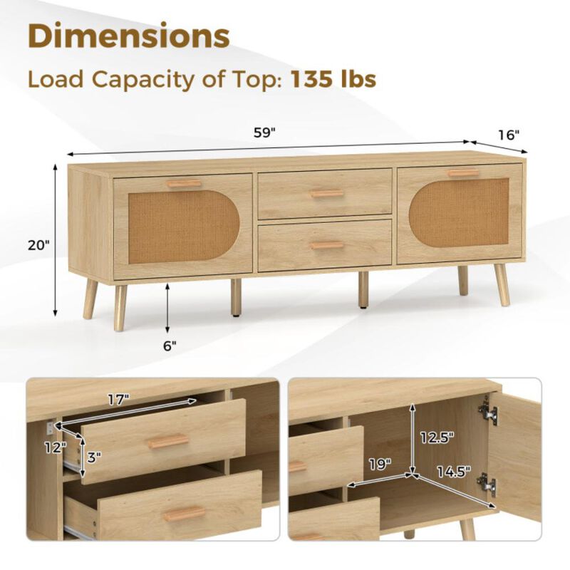 Hivvago Rattan TV Stand for 65-Inch TV with Drawers and Solid Wood Legs-Natural