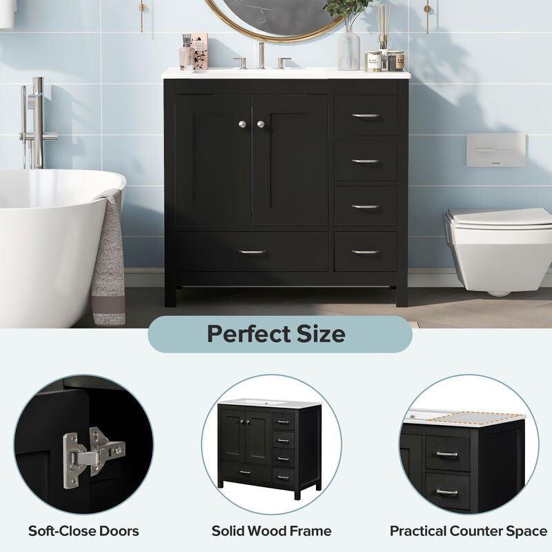 Merax Bathroom Vanity with Ceramic Sink  Freestanding Recessed  5 Drawers & 2 Soft-Close Doors Storage Cabinet Combo