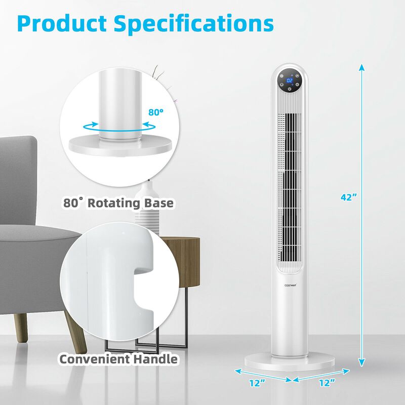 42 Inch 80 Degree Tower Fan with Smart Display Panel and Remote Control