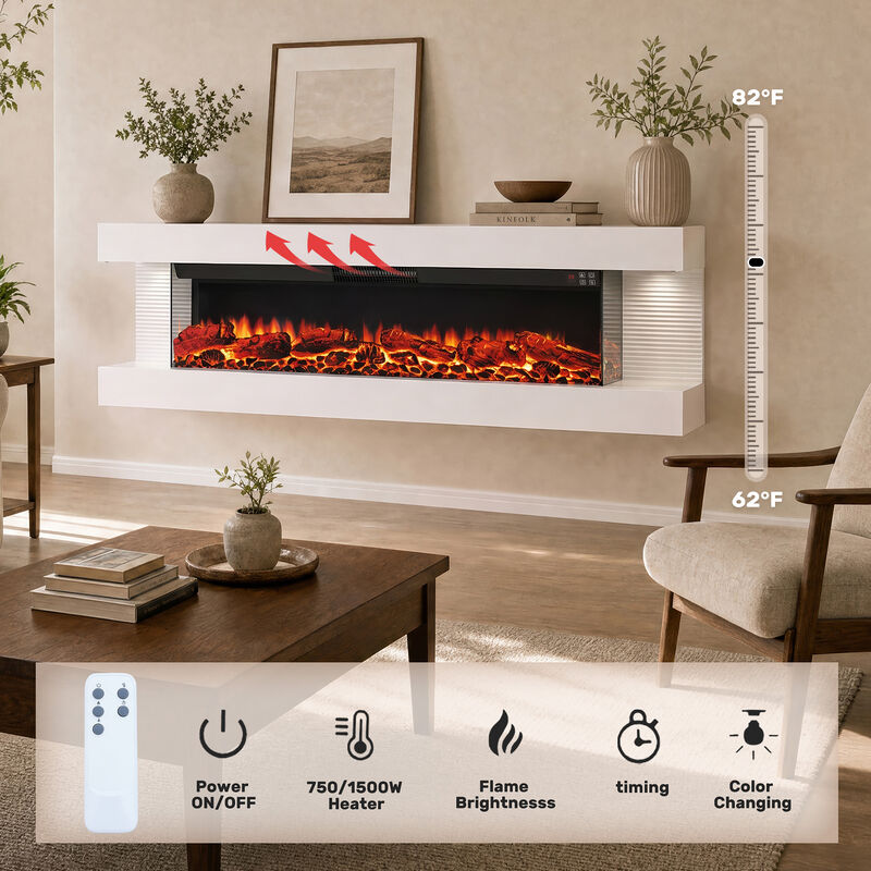 Mondawe Stylish Electric Fireplace Integrated 3-Sided Fireplace with 60" Suspended Light Mantel with Remote Control, White image number 4