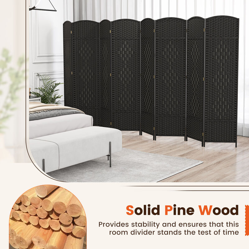 8-Panel Folding Room Divider with Hand-Woven Texture and Solid Wood Frame for Privacy and Decor