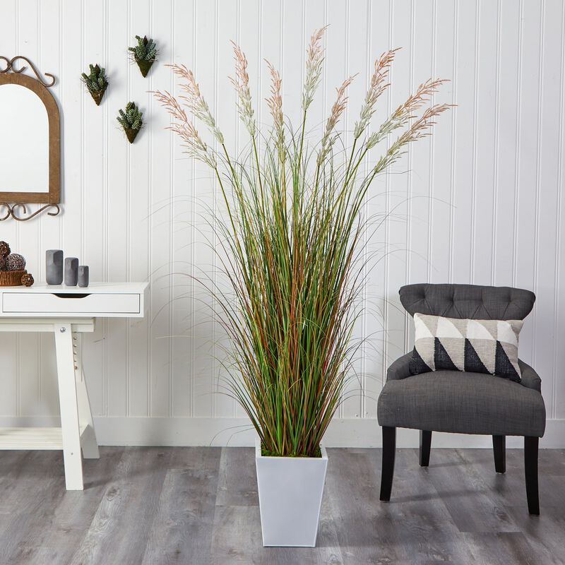HomPlanti 74" Grass Artificial Plant in White Metal Planter image number 3