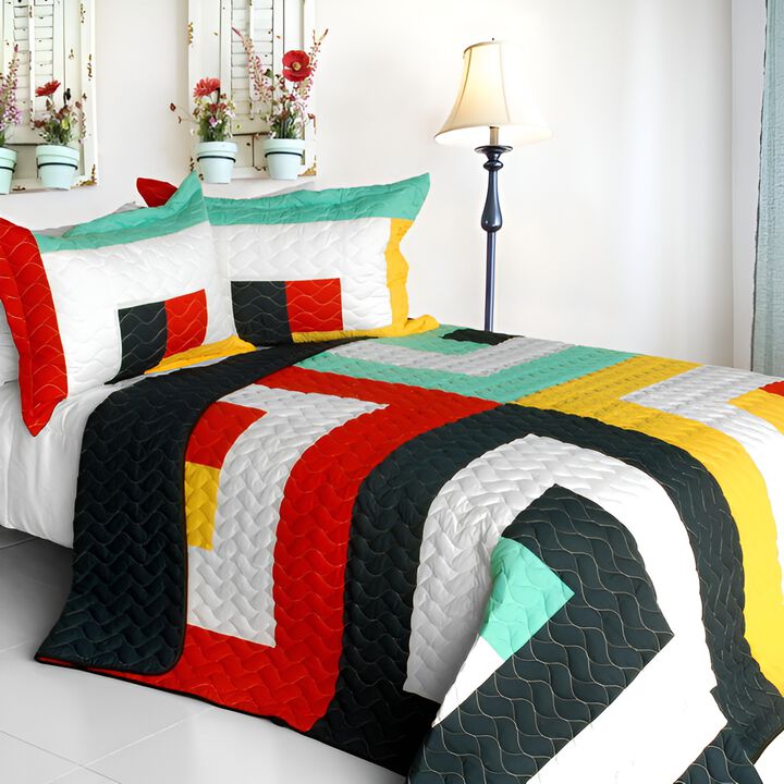 3 Pieces Reversible Geometric Quilt Set with Vermicelli Stitching