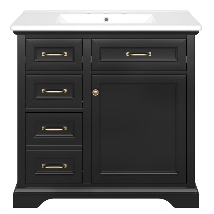 36" Bathroom Vanity with Sink, 4 Drawers & Soft-Close Door, Freestanding Storage Cabinet