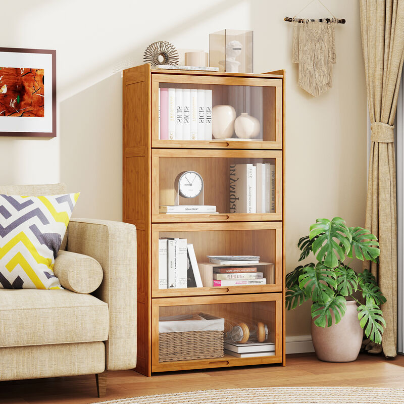 4-Tier Wicker Cabinet Bookcase with Doors &ndash; Versatile Storage for Living and Study Rooms