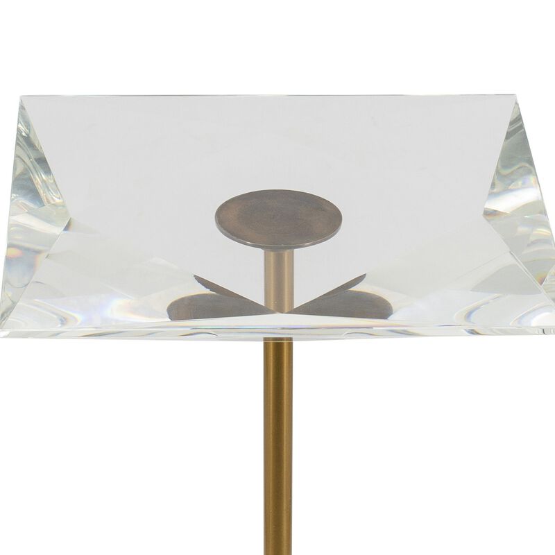 13 Inch Side End Table, Glass Top, Metal and Marble Base, White and Gold-Benzara image number 3