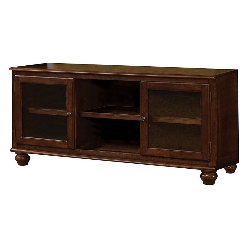 58 Inch Wood TV Entertainment Media Console, 2 Door, 2 Open Shelves, Walnut - Benzara