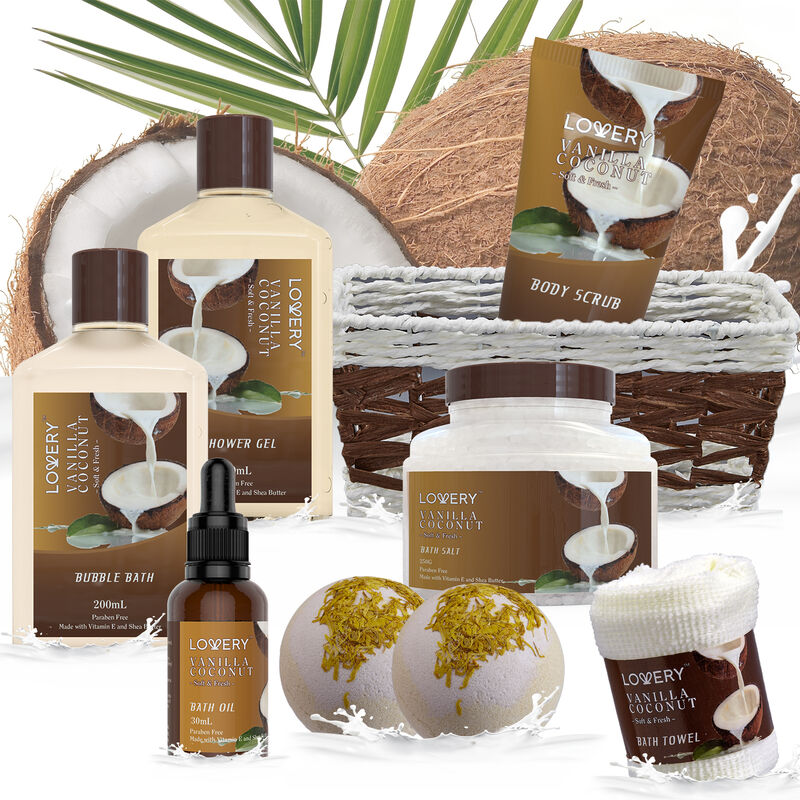 Bath and Body Gift Basket -Vanilla Coconut Home Spa - 9pc Set image number 4