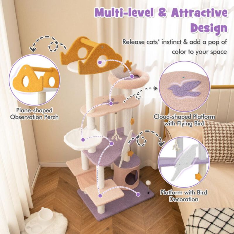 Hivvago 66 Inch Cute Cat Tree Cats Multi-level Tall Cat Tower with Sisal Covered Scratching Posts