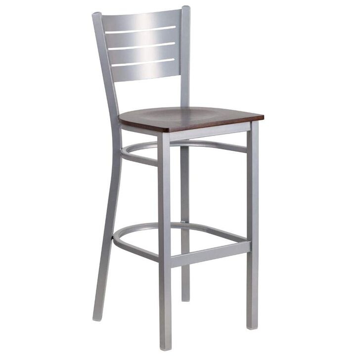 Flash Furniture HERCULES Series Silver Slat Back Metal Restaurant Barstool - Walnut Wood Seat