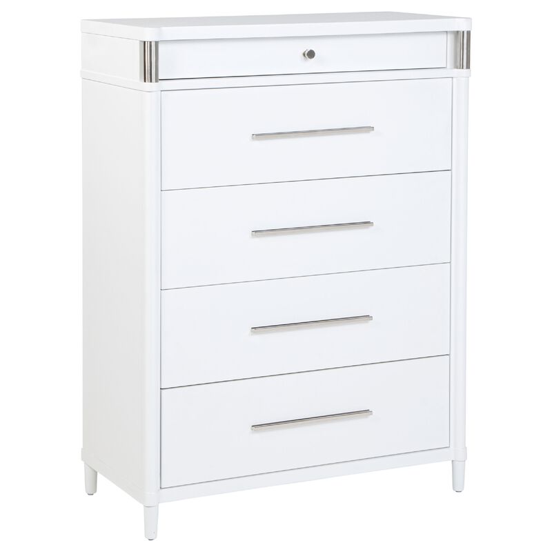 Ruvie Tall Chest 5 Drawers w Felt lined Jewellery Drawer, White Wood image number 2