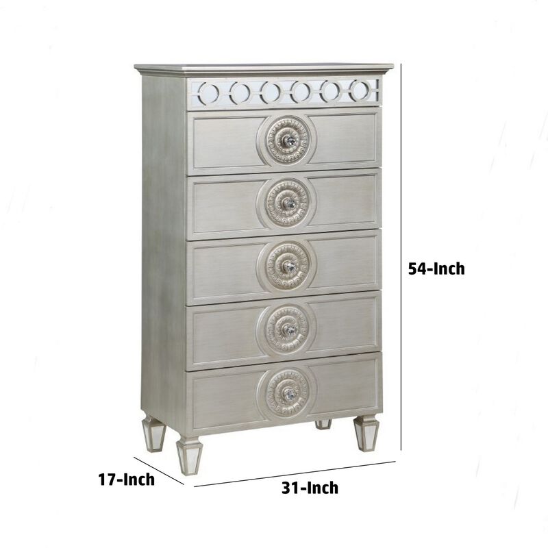 Nic 54 Inch Modern Tall Dresser Chest, 5 Drawers, Round Knobs, Silver-Benzara