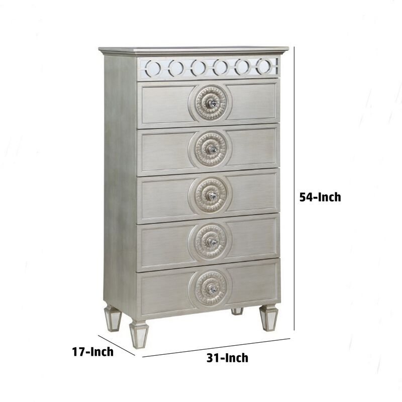 Nic 54 Inch Modern Tall Dresser Chest, 5 Drawers, Round Knobs, Silver - Benzara