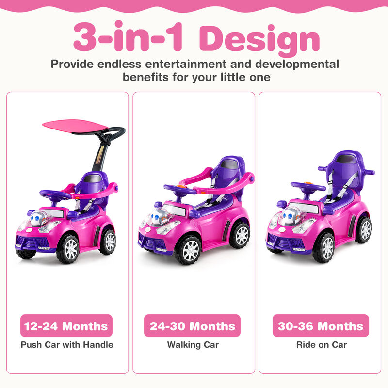 3-in-1 Toddler Ride-On Push Car with Canopy, Seat Belt and Footrest image number 5