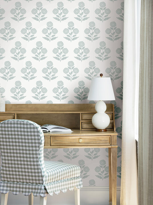 Souci Light Blue Marigolds Wallpaper